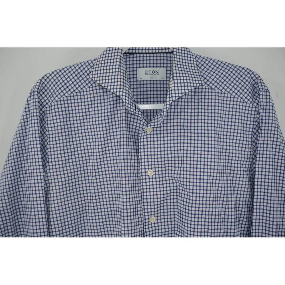 Eton Dress Shirt Blue Check Spread Collar Cotton Slim Long Sleeve Mens 15 3/4 40